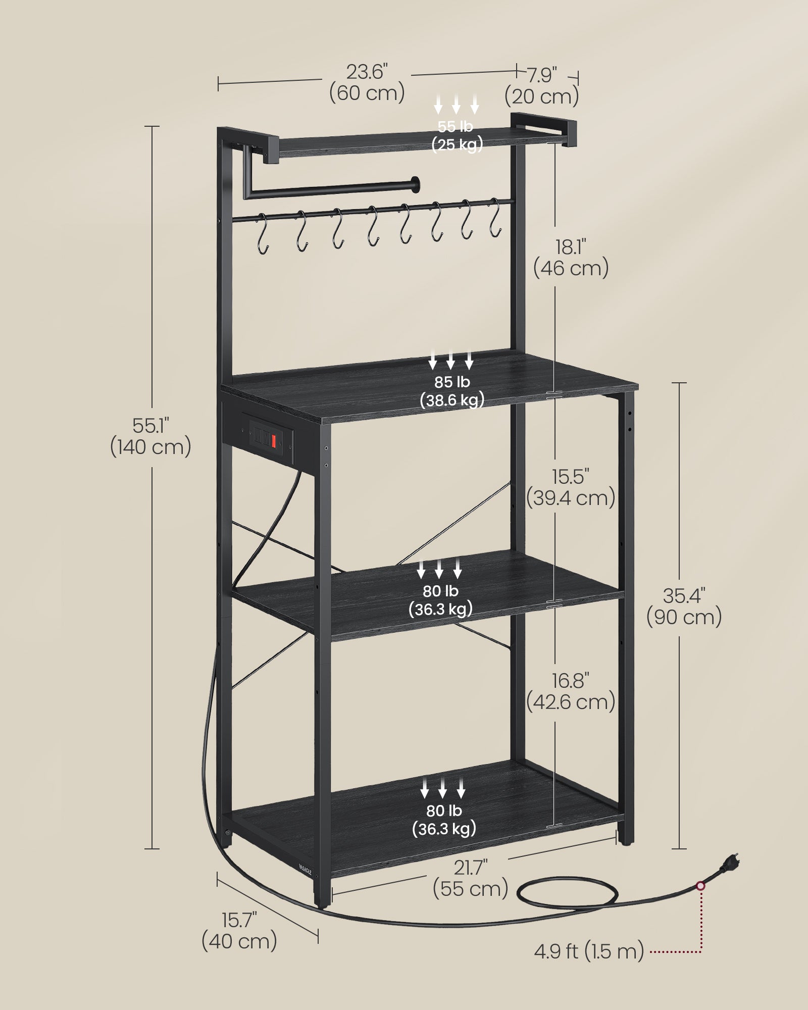 BARNET Collection - Kitchen Bakers Rack with Power Outlet