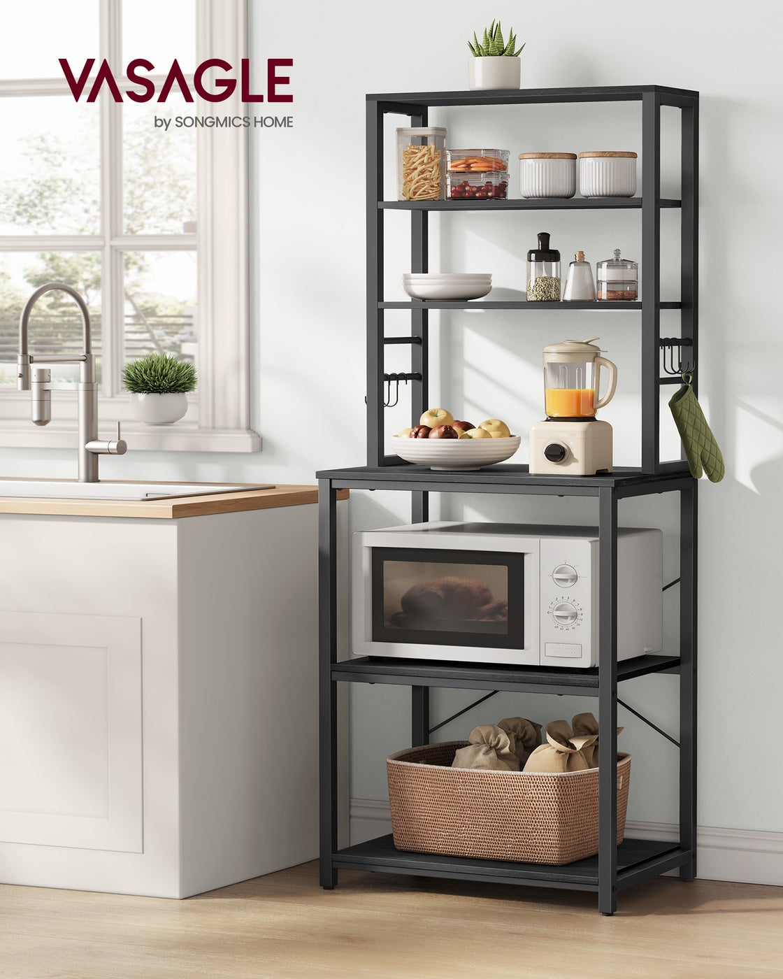 Baker's Rack for Kitchen - With Storage - 6 Hooks