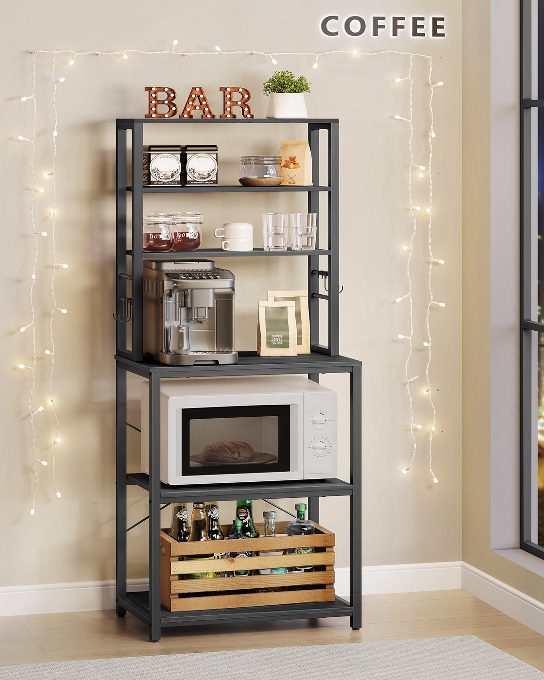 Baker's Rack for Kitchen - With Storage - 6 Hooks