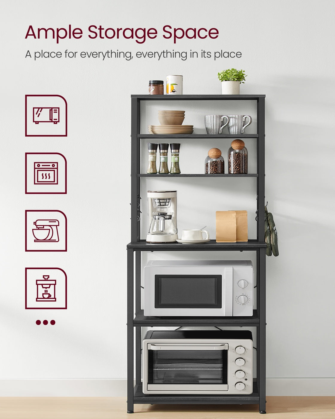 Baker's Rack for Kitchen - With Storage - 6 Hooks