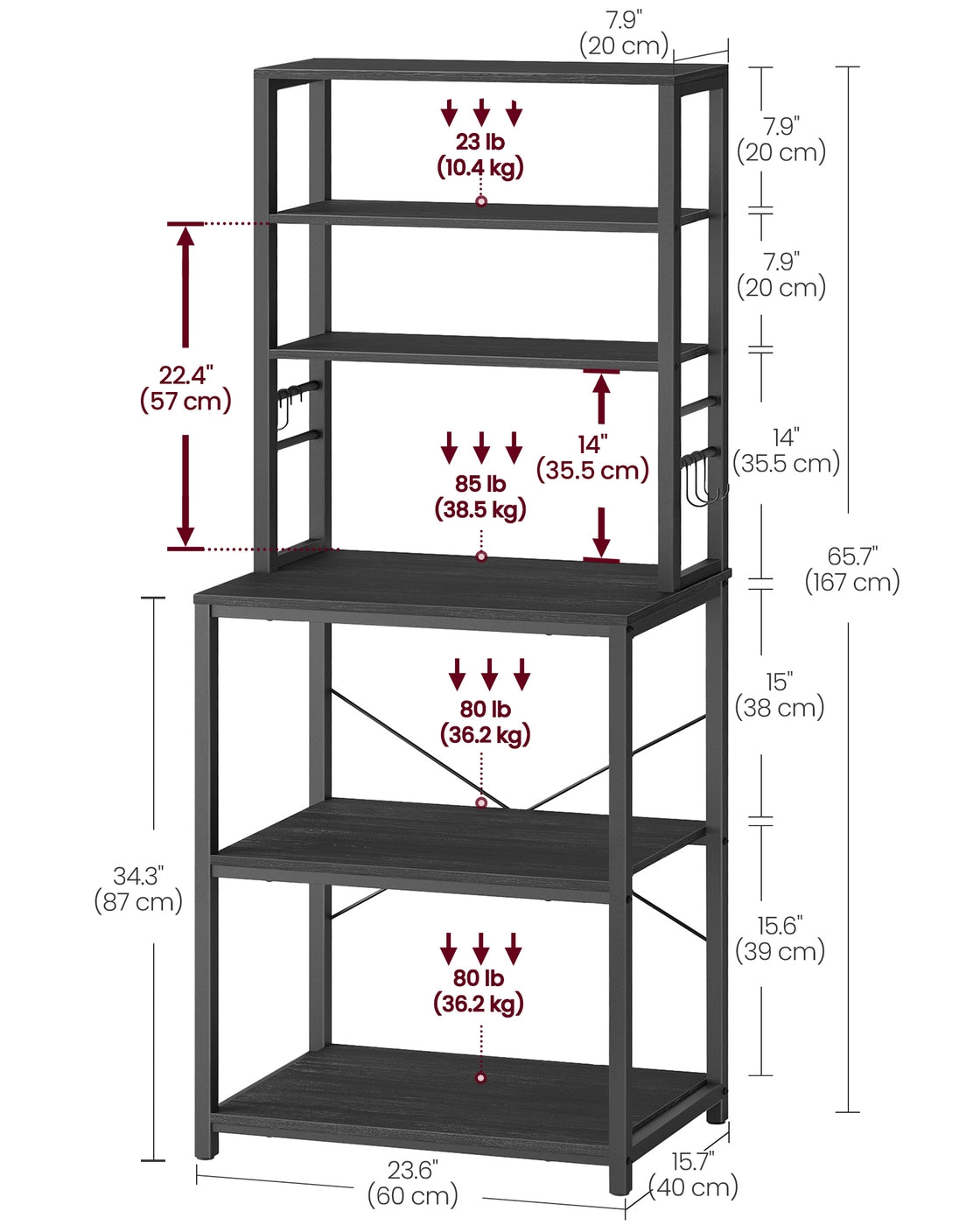 Baker's Rack for Kitchen - With Storage - 6 Hooks