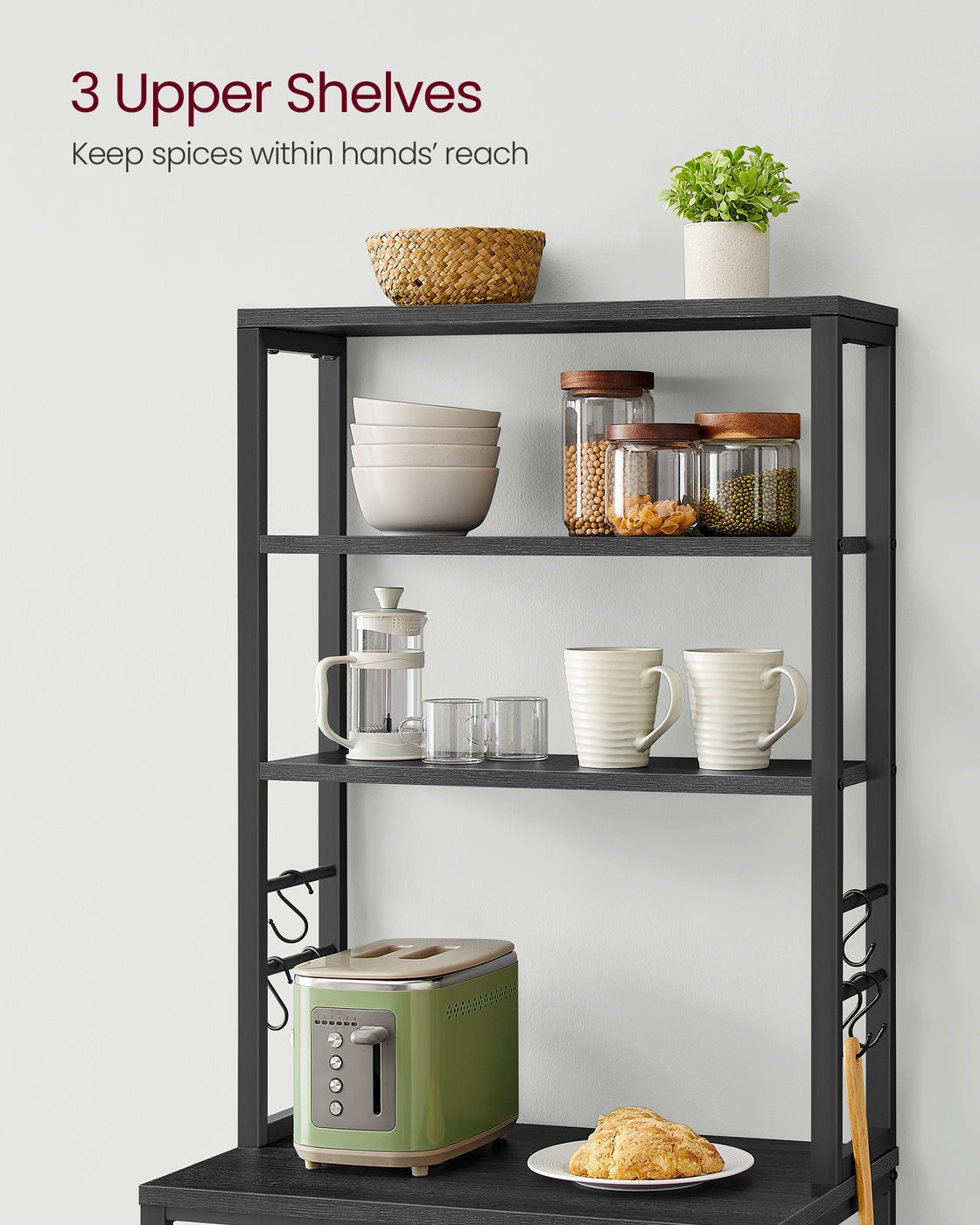 Baker's Rack for Kitchen - With Storage - 6 Hooks