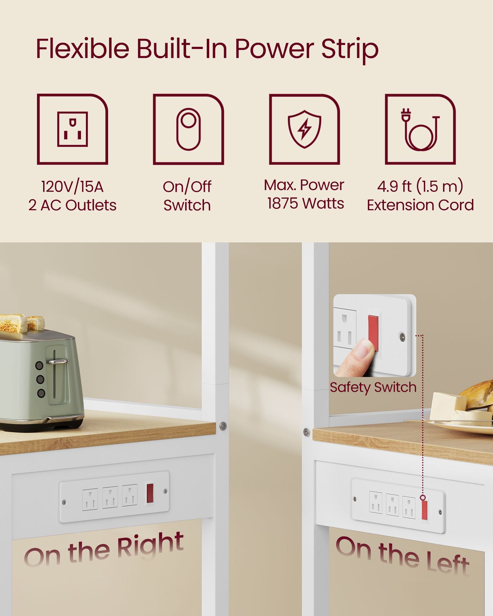 BARNET Collection - Kitchen Bakers Rack with Power Outlet - Golden Oak, Cloud White