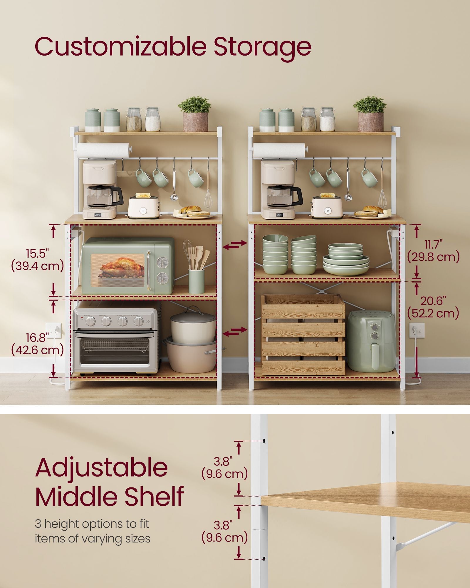 BARNET Collection - Kitchen Bakers Rack with Power Outlet - Golden Oak, Cloud White