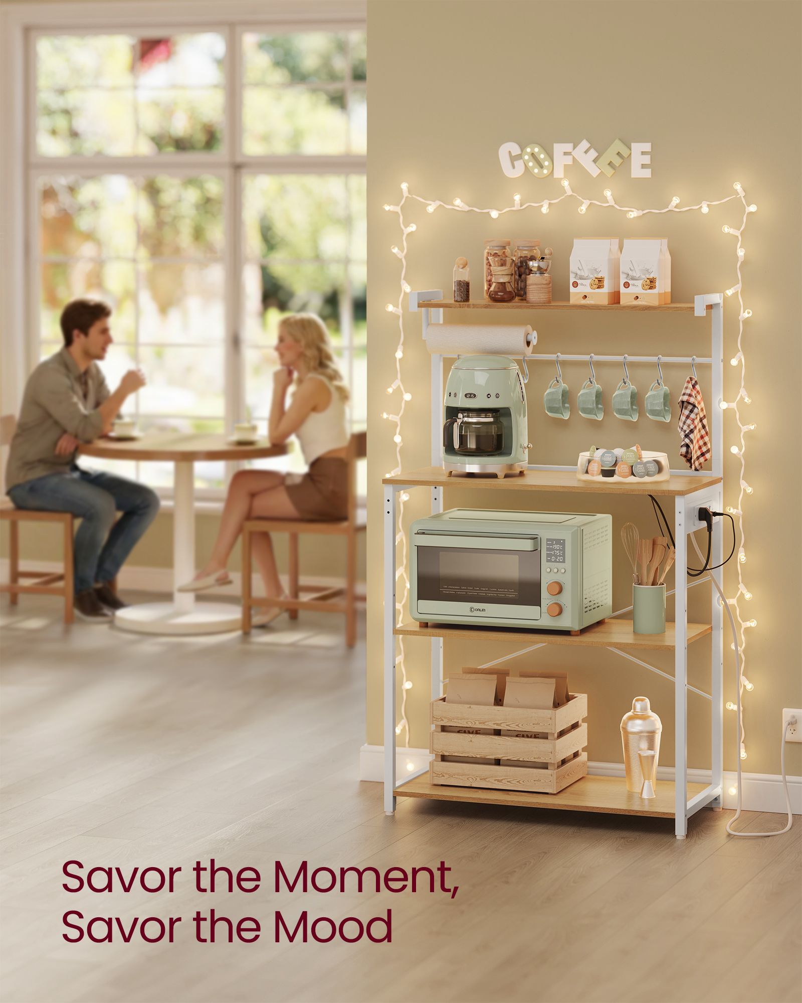 BARNET Collection - Kitchen Bakers Rack with Power Outlet - Golden Oak, Cloud White