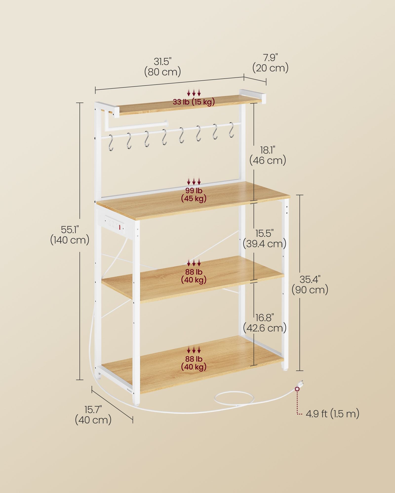BARNET Collection - Kitchen Bakers Rack with Power Outlet - Golden Oak, Cloud White