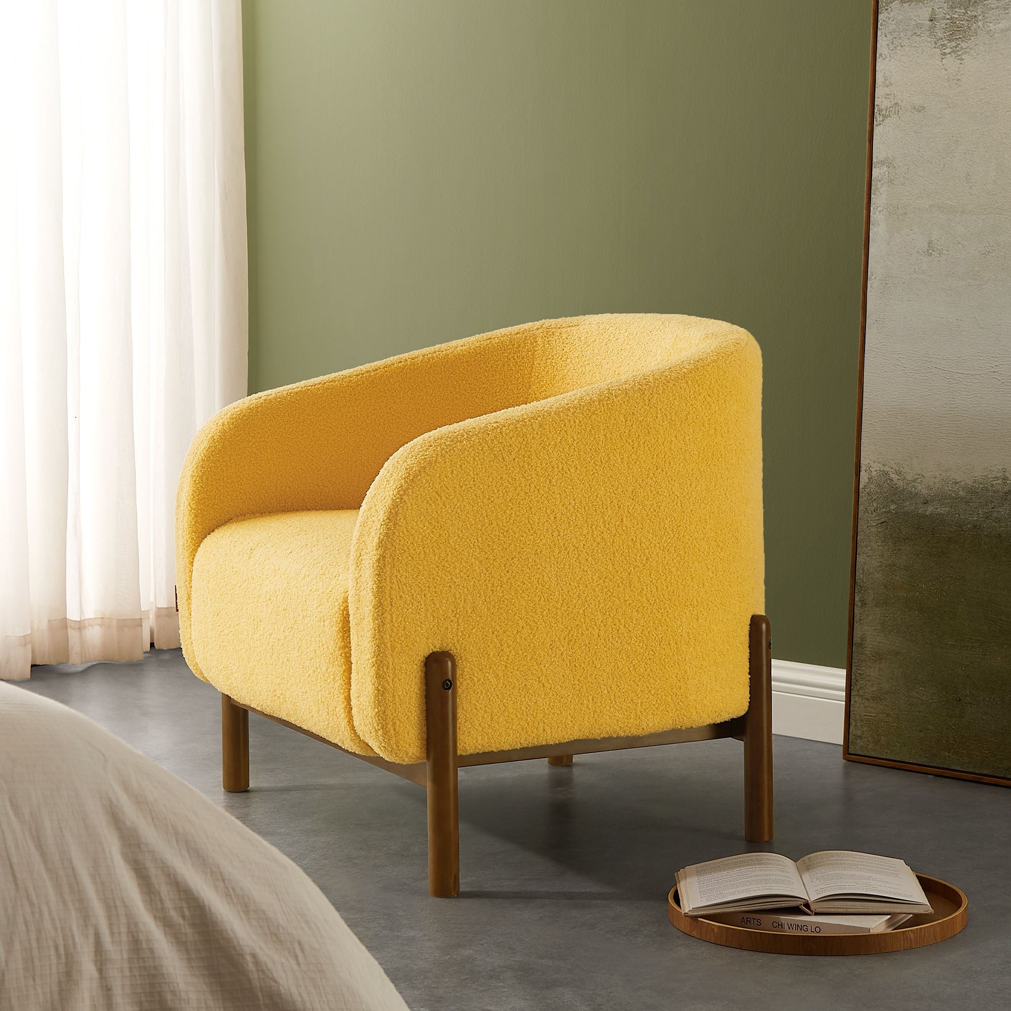 Accent Barrel Chair - Fleece Armchair with Solid Wood Legs