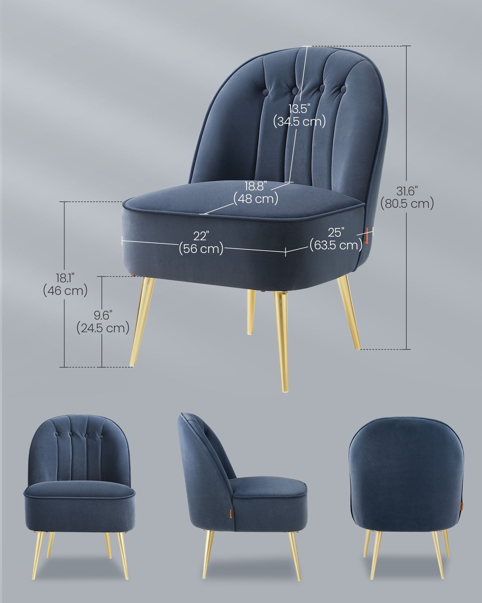 Accent Chair - Velvet Vanity Chair with Metal Legs - Shell-Shaped Back - Wide Seat - Luxury Style - Navy Blue
