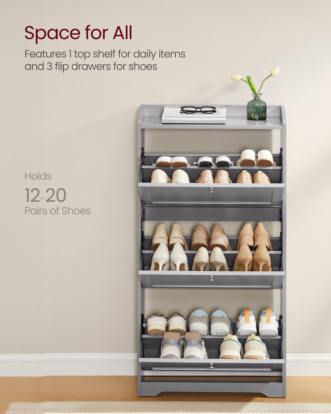Shoe Cabinet - 3 Flip Drawers - 9.4 x 23.6 x 47.7 Inches - Dove Gray - Dove Gray