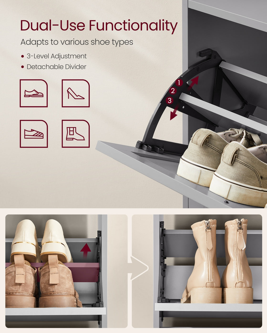 Shoe Cabinet - 3 Flip Drawers - 9.4 x 23.6 x 47.7 Inches - Dove Gray - Dove Gray