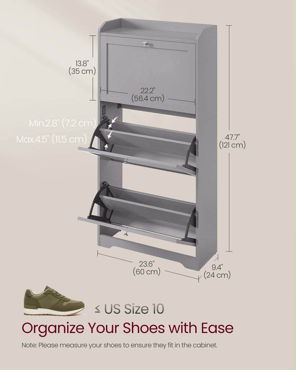 Shoe Cabinet - 3 Flip Drawers - 9.4 x 23.6 x 47.7 Inches - Dove Gray - Dove Gray