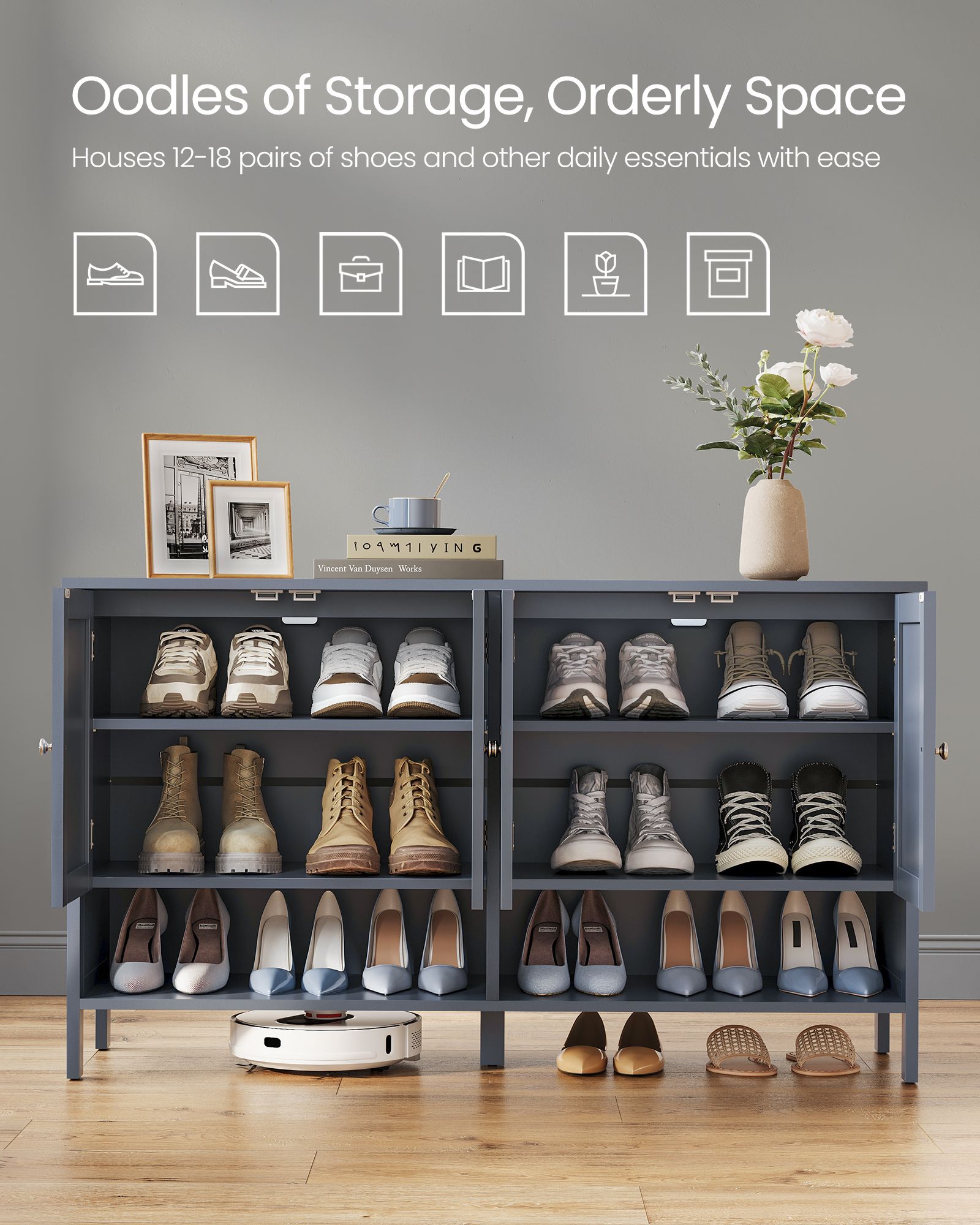 Shoe Cabinet - 3-Tier Shoe Storage Organizer - Slate Gray
