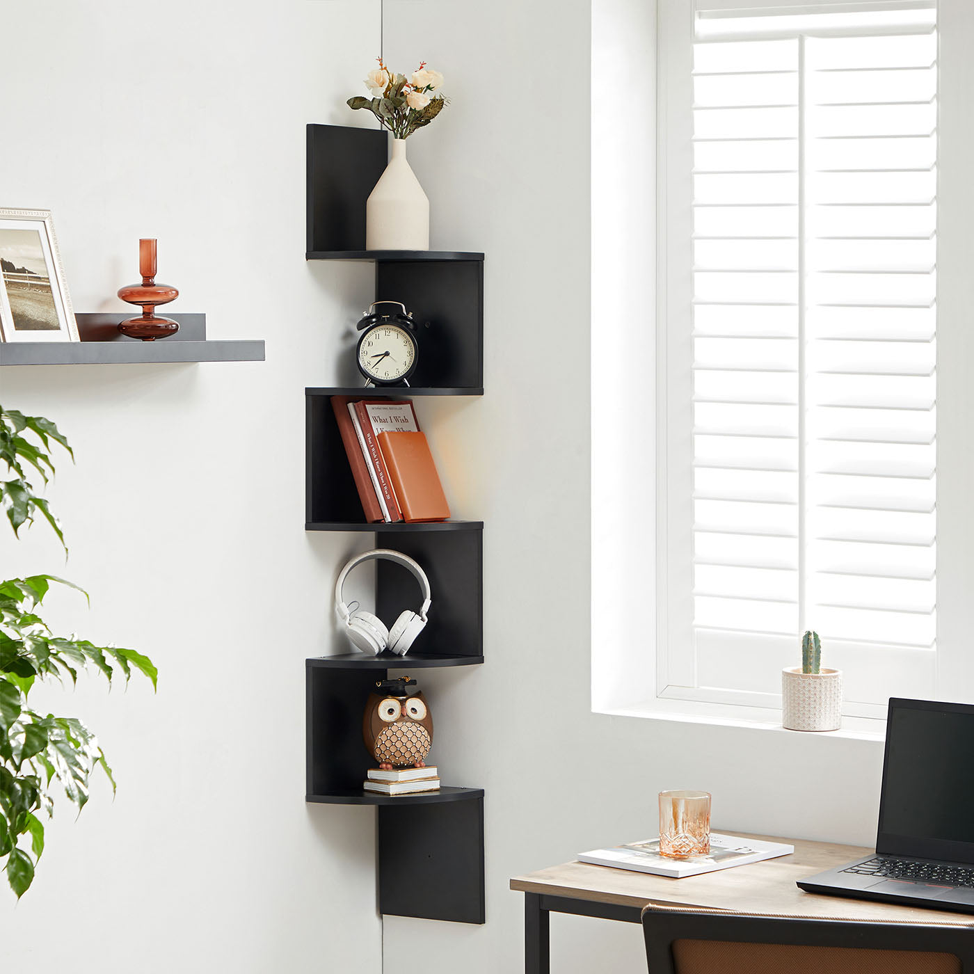 5-Tier Floating Corner Bookshelf - Ink Black