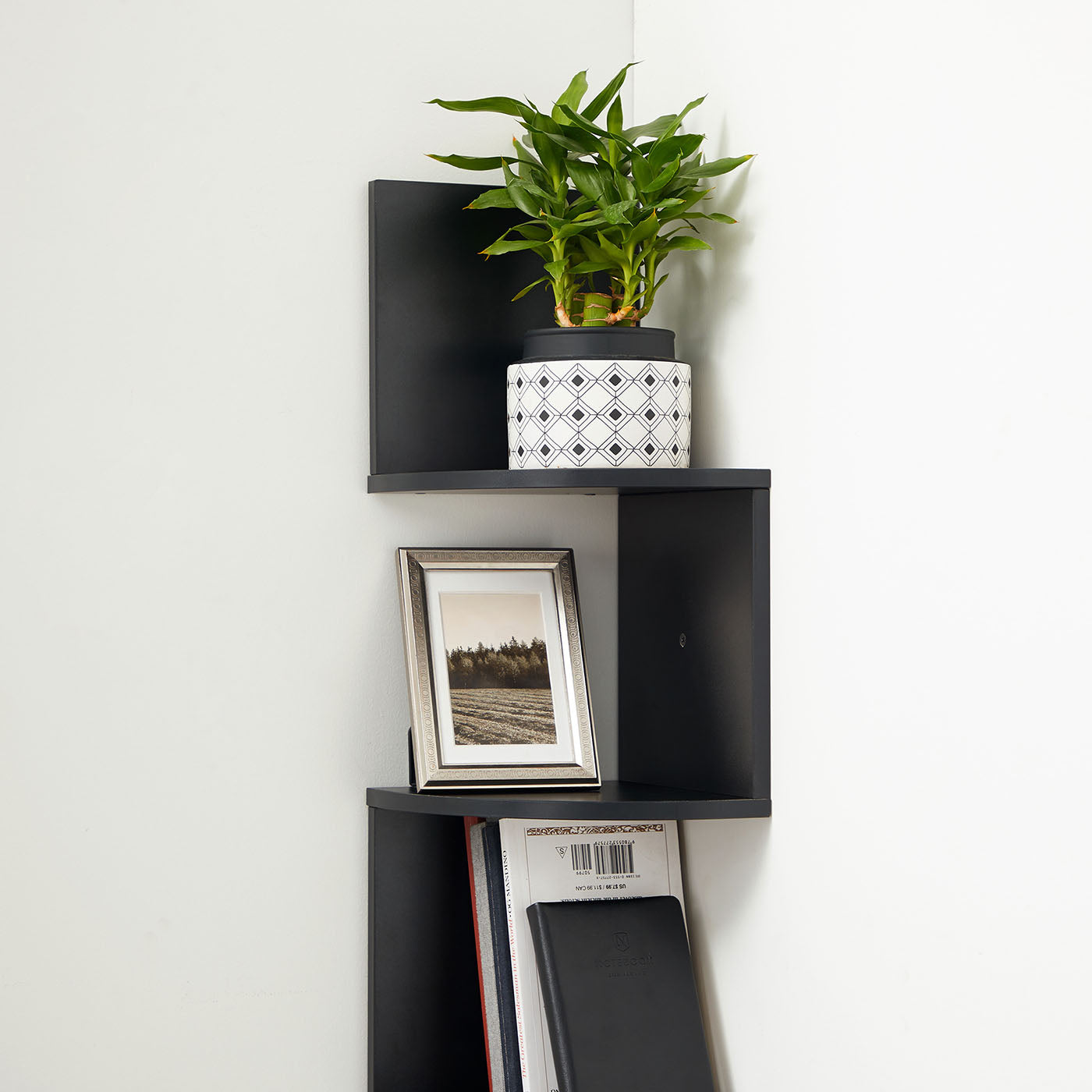 5-Tier Floating Corner Bookshelf - Ink Black