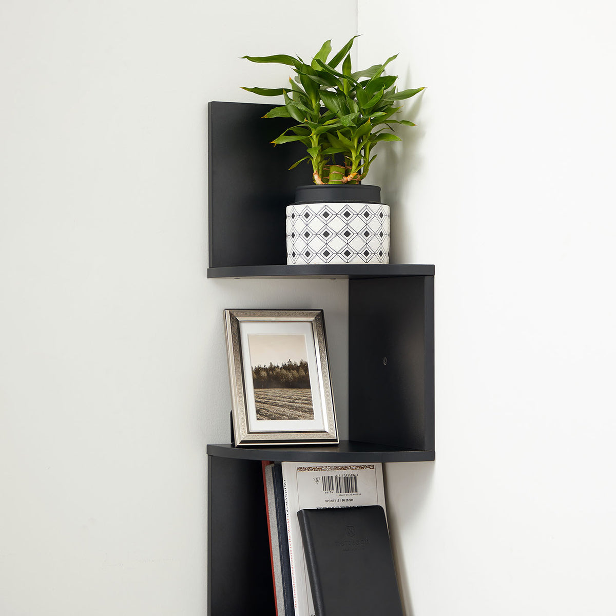 5-Tier Floating Corner Bookshelf - Ink Black