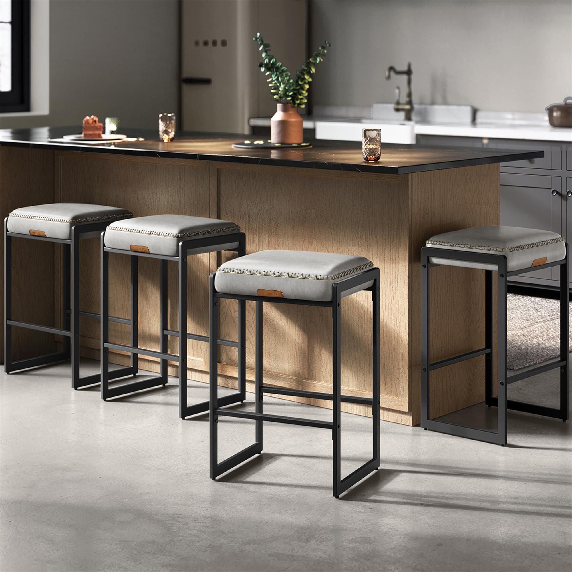 Bar Stools Set Of 4 - Counter Height - PU Leather - 26 Inch - Gray