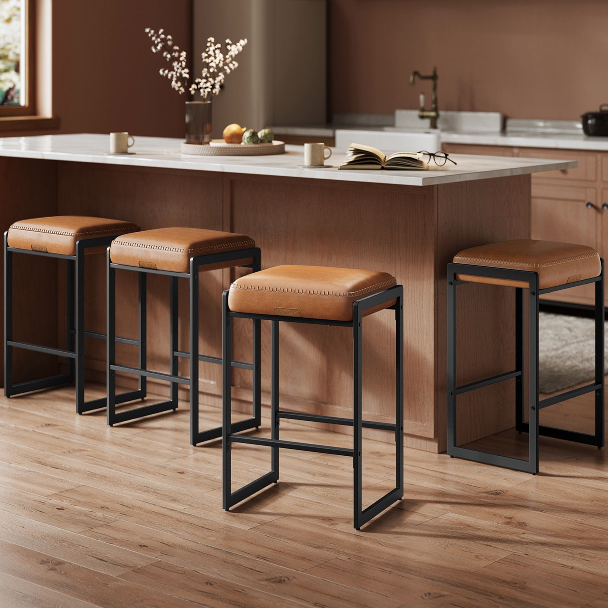 Bar Stools Set Of 4 - Counter Height - PU Leather - 26 Inch - Brown