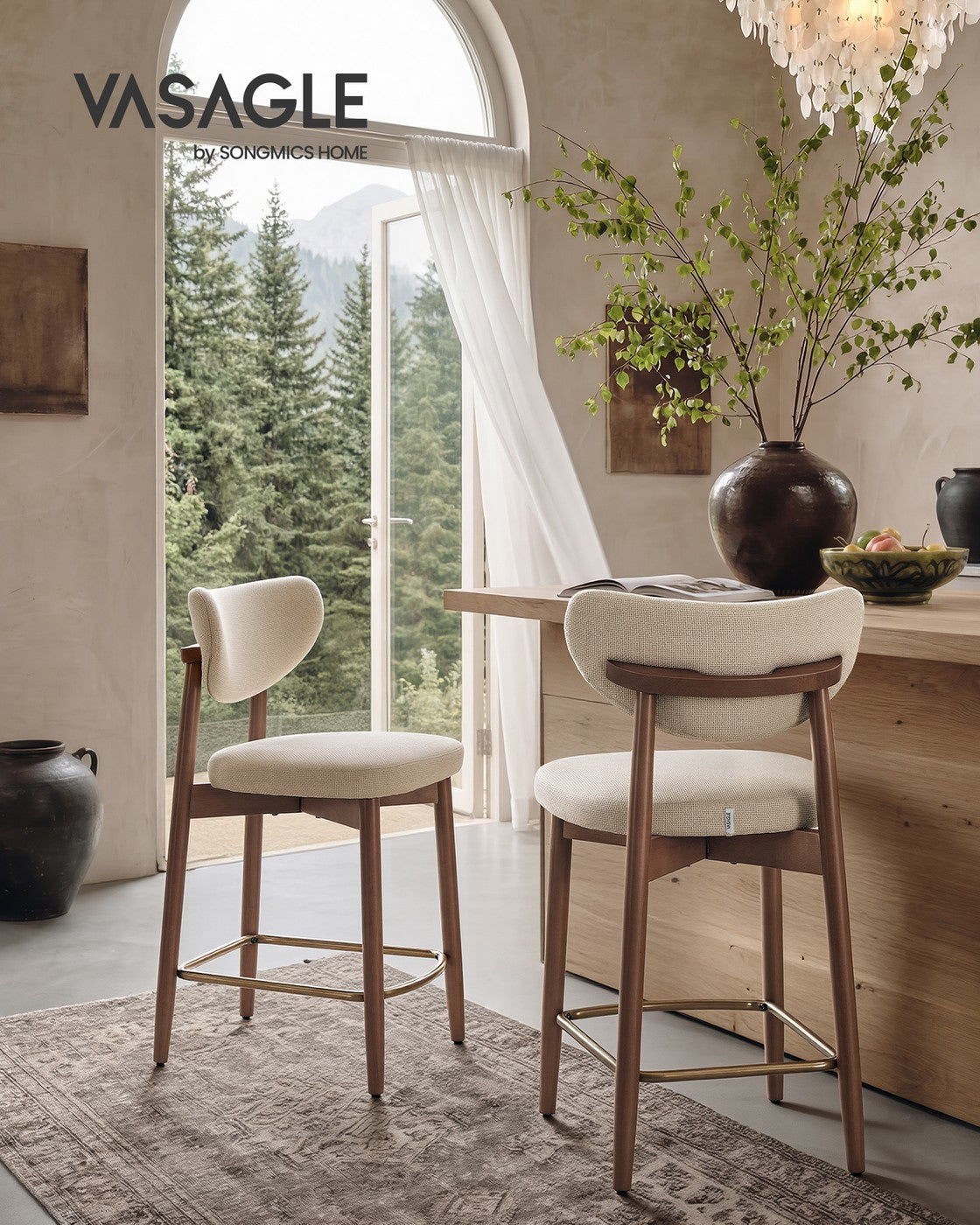 Upholstered Wooden Bar Stool with Back for Kitchen Island - Cappuccino Beige