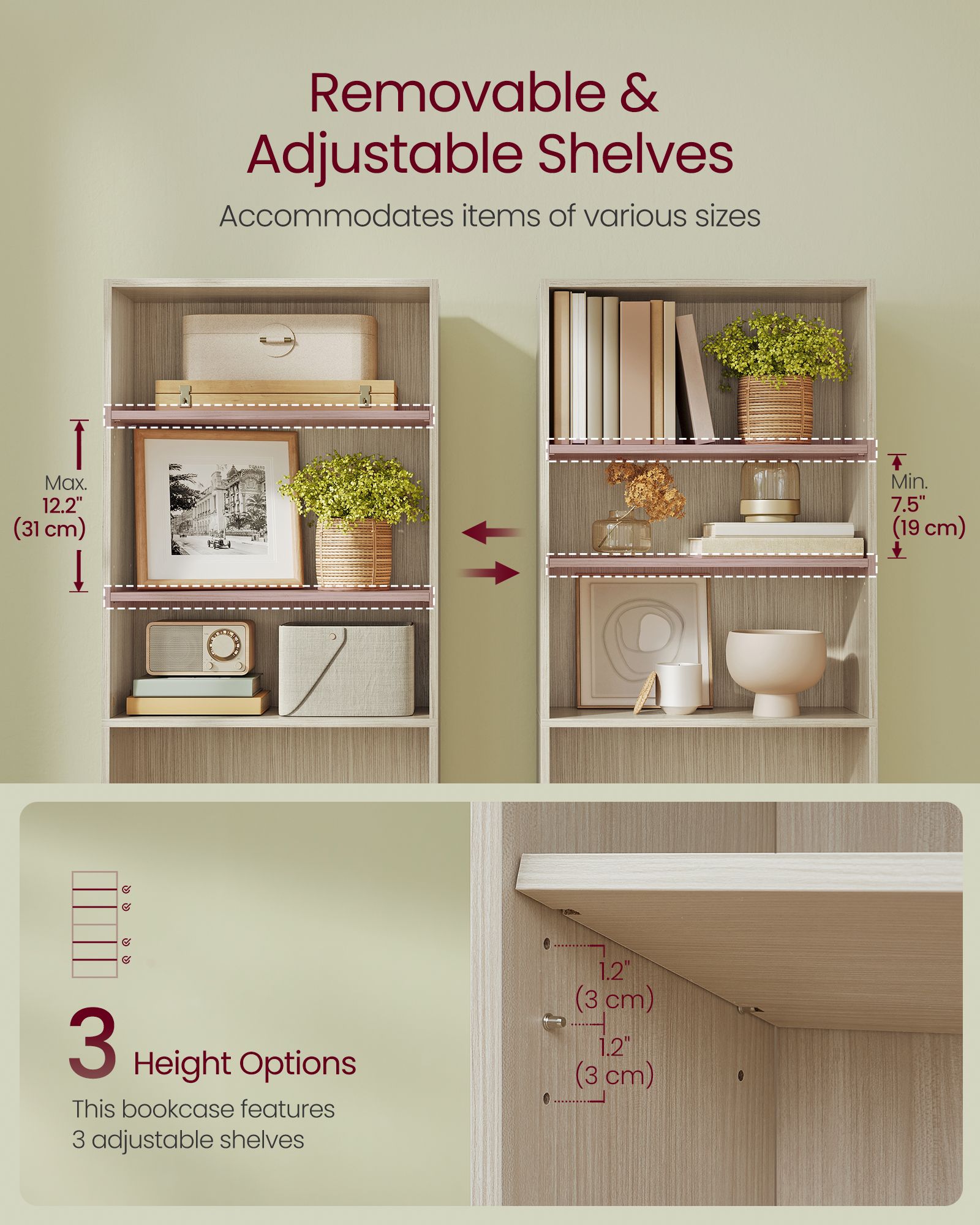 Custos Collection - Bookshelf - 5-Tier Bookcase - Book Shelf - Open Storage Shelf - 9.4 x 23.6 x 52.8 Inches - for Living Room - Home Office - Dinning Room - Natural Beige