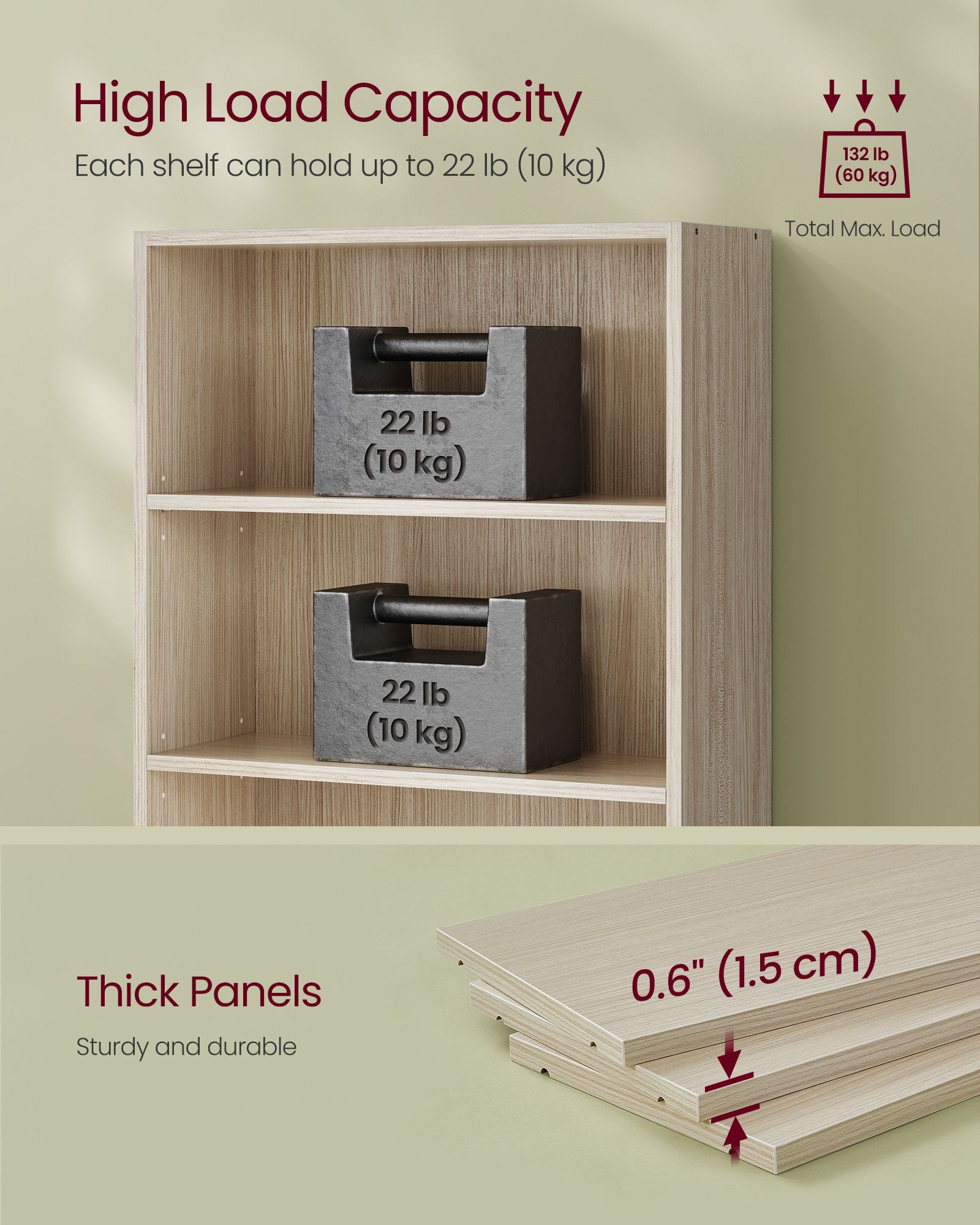Custos Collection - Bookshelf - 5-Tier Bookcase - Book Shelf - Open Storage Shelf - 9.4 x 23.6 x 52.8 Inches - for Living Room - Home Office - Dinning Room - Natural Beige