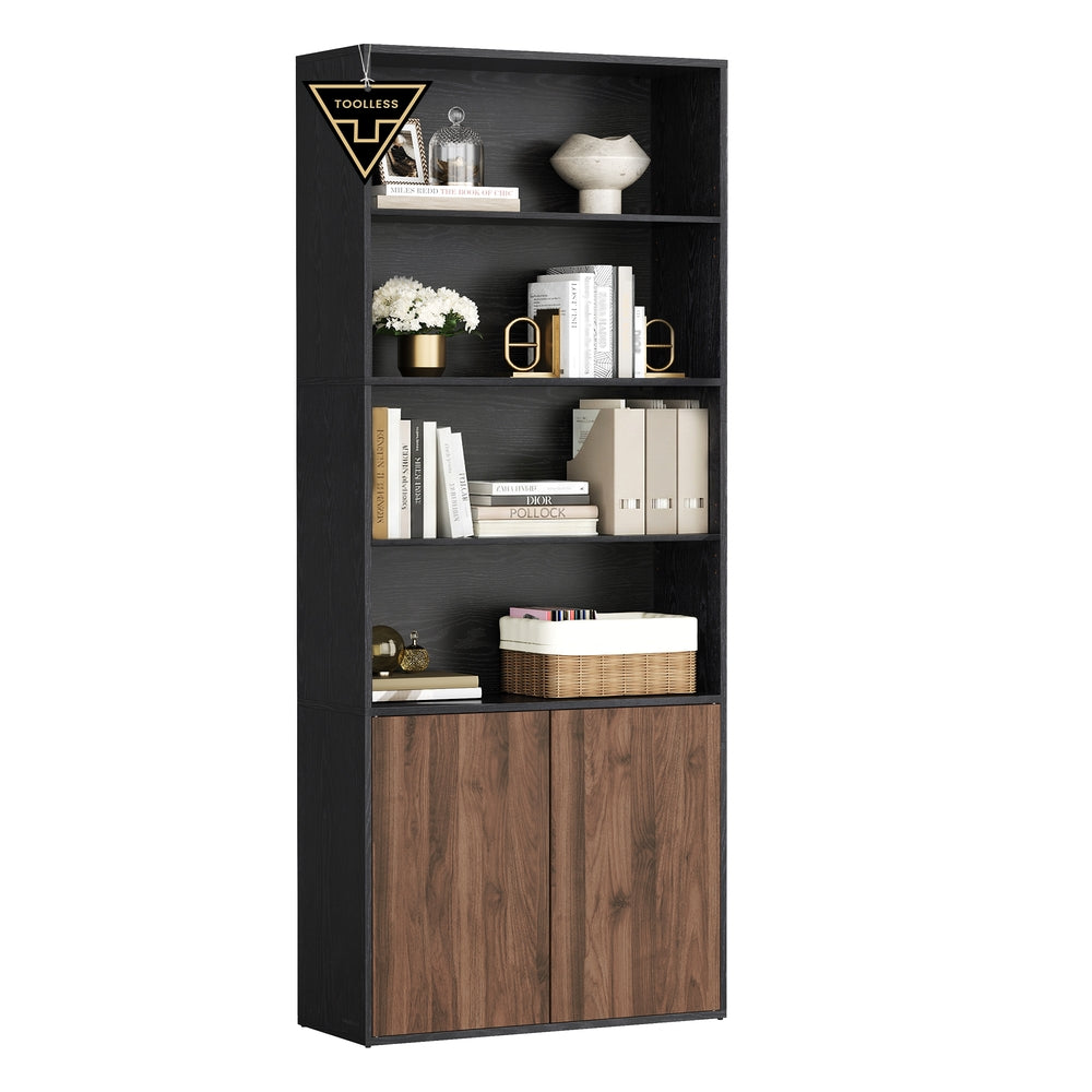 6-Tier Tall Bookcase With Cabinet Door - Black + Walnut