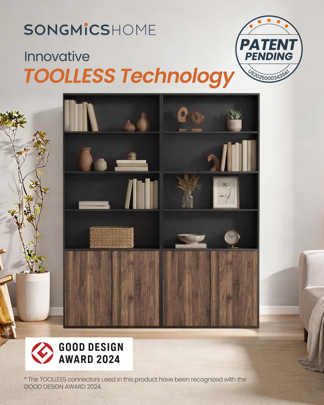 Tall Bookcase - 6-Tier - Toolless Assembly - Cabinet Door