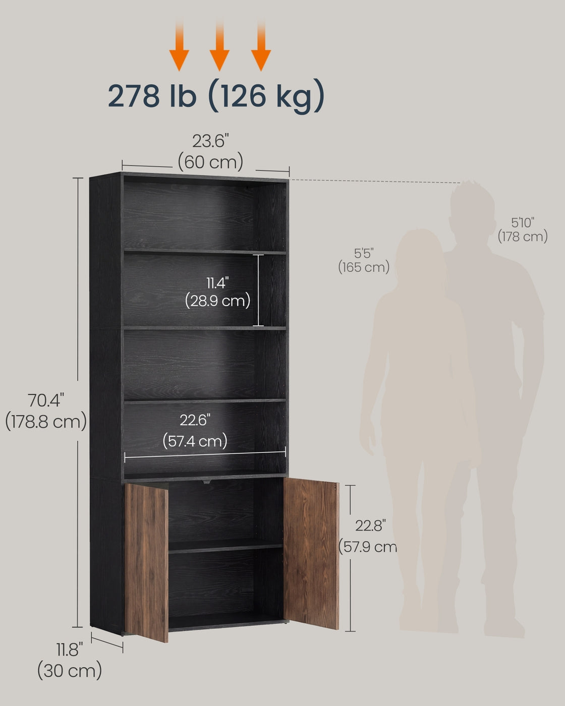 Tall Bookcase - 6-Tier - Toolless Assembly - Cabinet Door