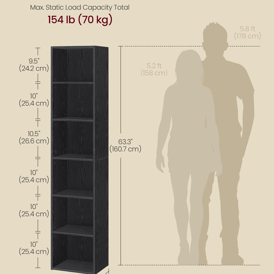 Tall Open Bookshelf - 63 Inch - Narrow With Open Storage Shelves