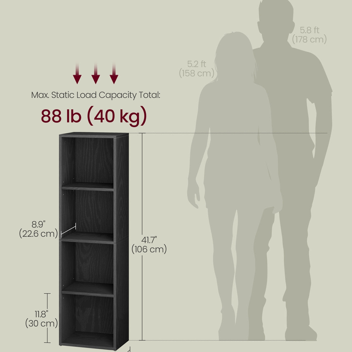 Narrow Bookshelf - 4 Tier - 42 Inch - Slim Open Storage Shelves