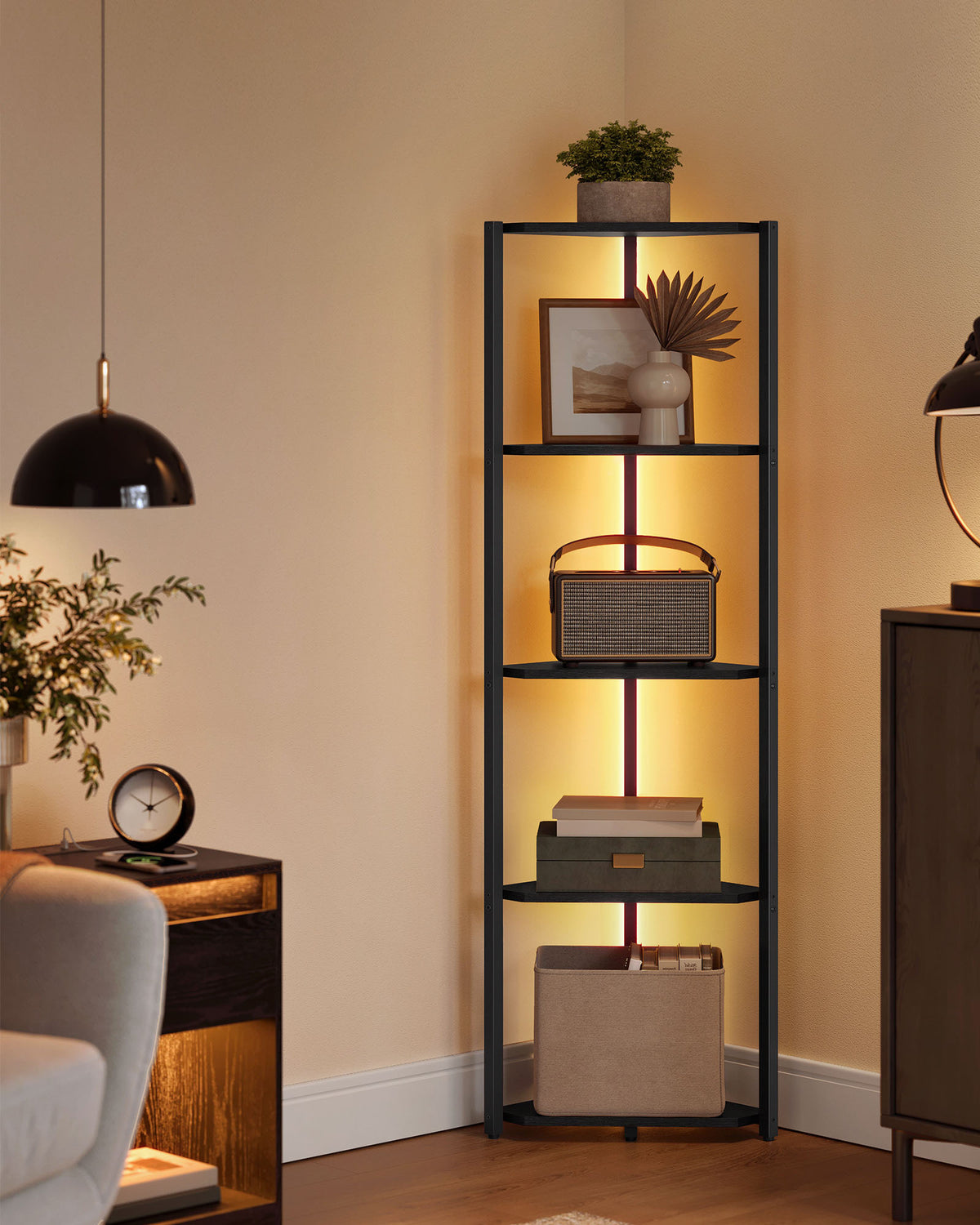 5-Tier Corner Bookshelf with LED Lights - Ebony Black