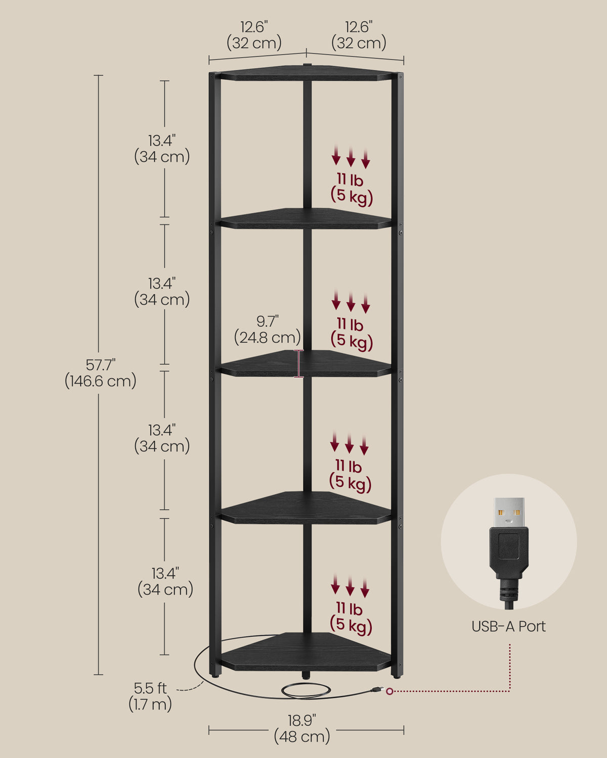 5-Tier Corner Bookshelf with LED Lights - Ebony Black