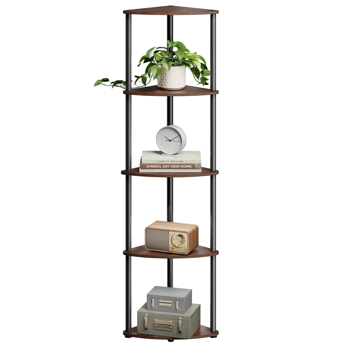 Corner Shelf - Superfast Toolless Assembly - 5-Tier Corner Standing Shelf - Corner Shelf Stand - Somber Walnut
