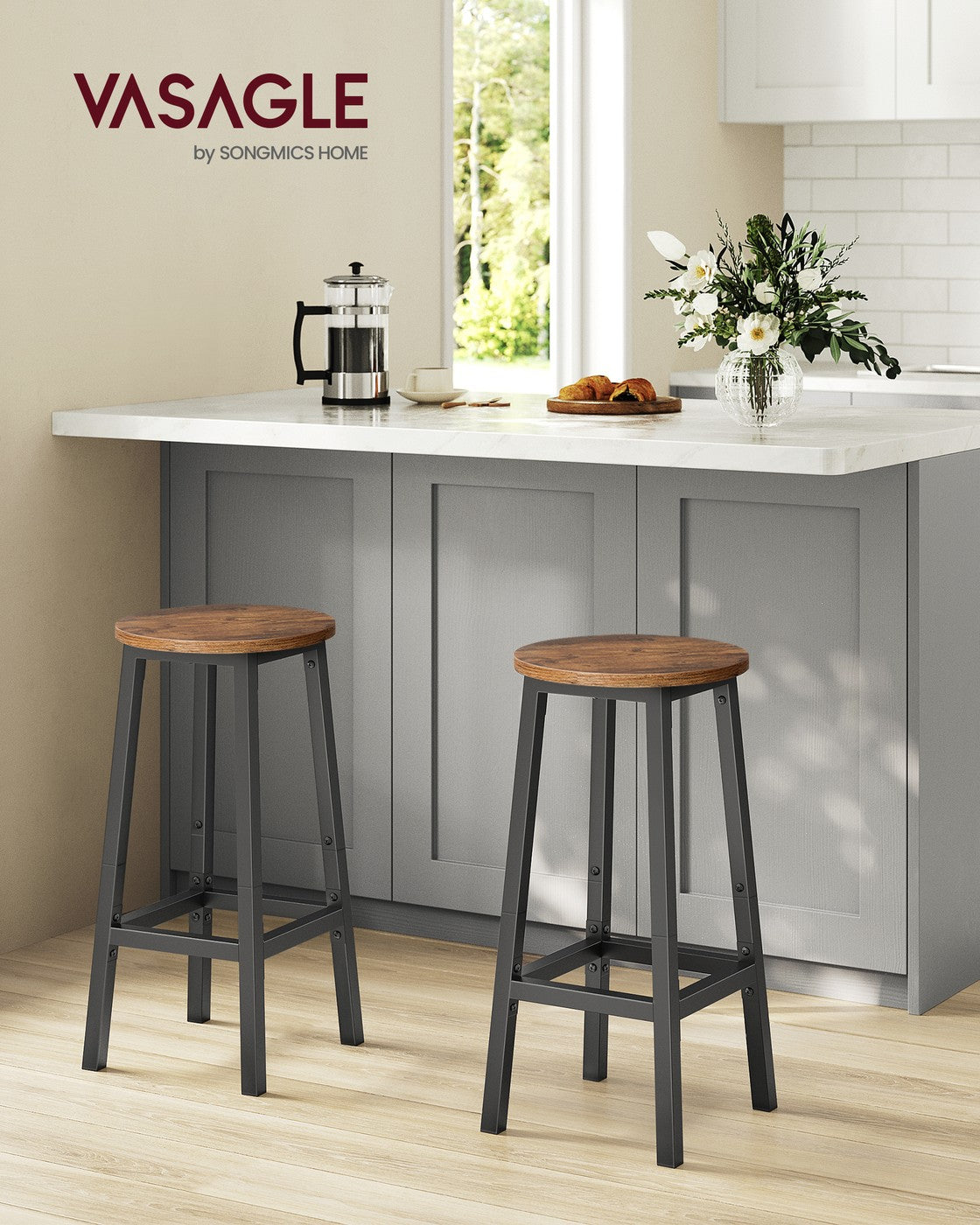 Set of Industrial Bar Stools with Steel Frame
