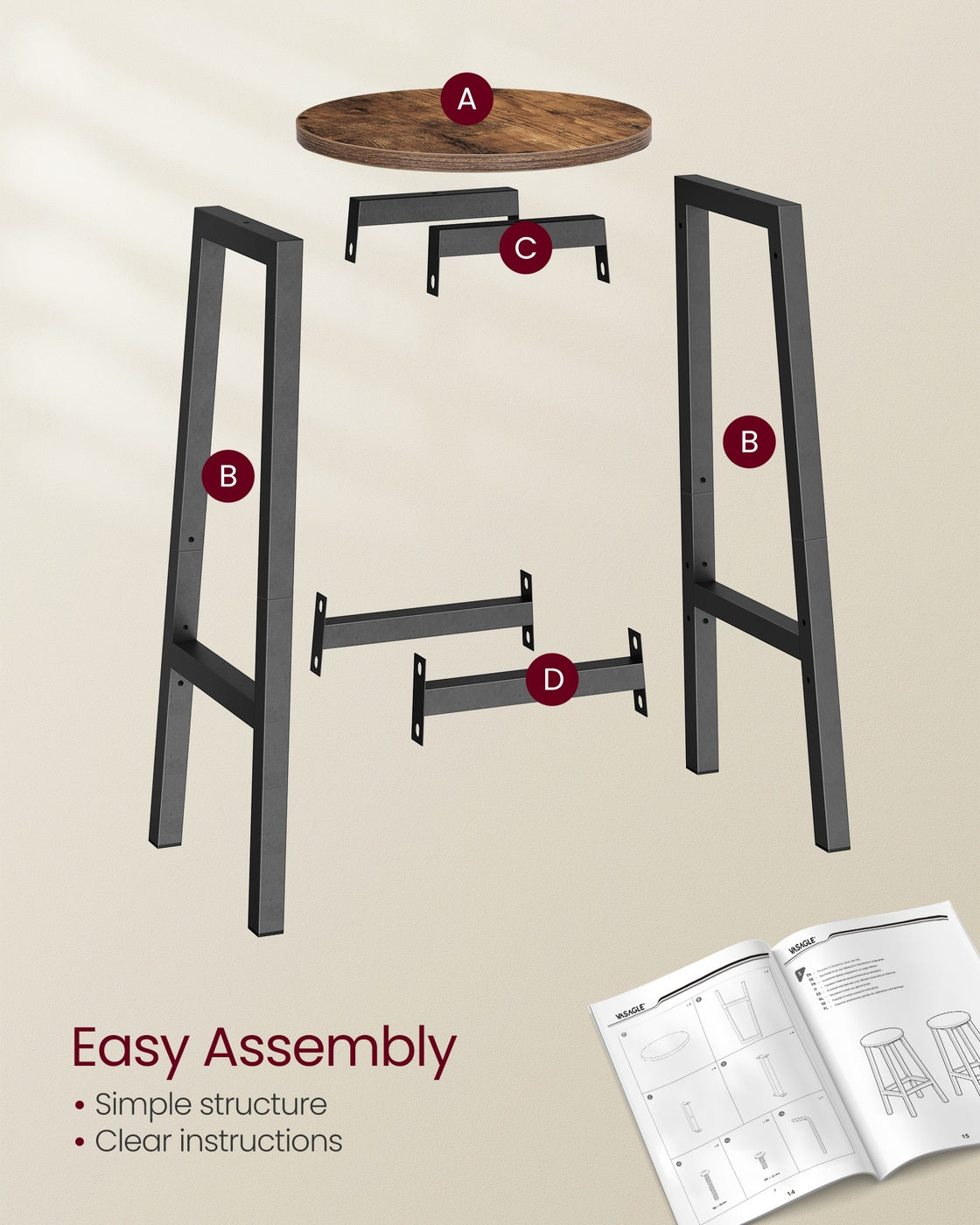 Set of Industrial Bar Stools with Steel Frame