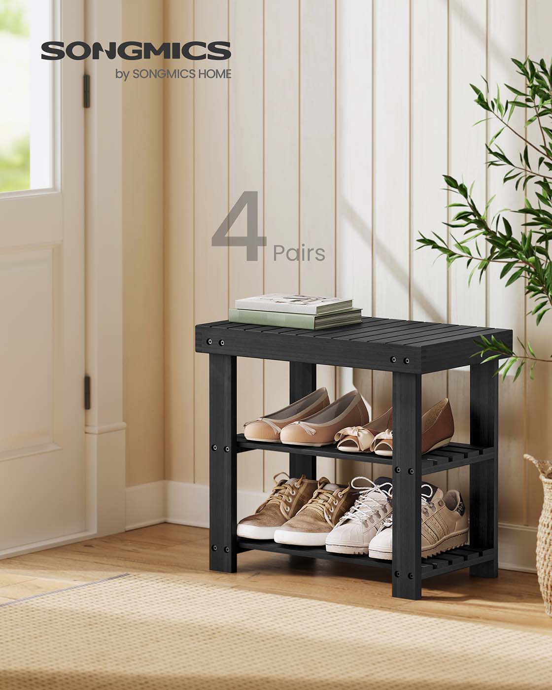 Shoe Rack Bench 3-Tier Bamboo Shoe Storage Organizer Ink Black - Ink Black