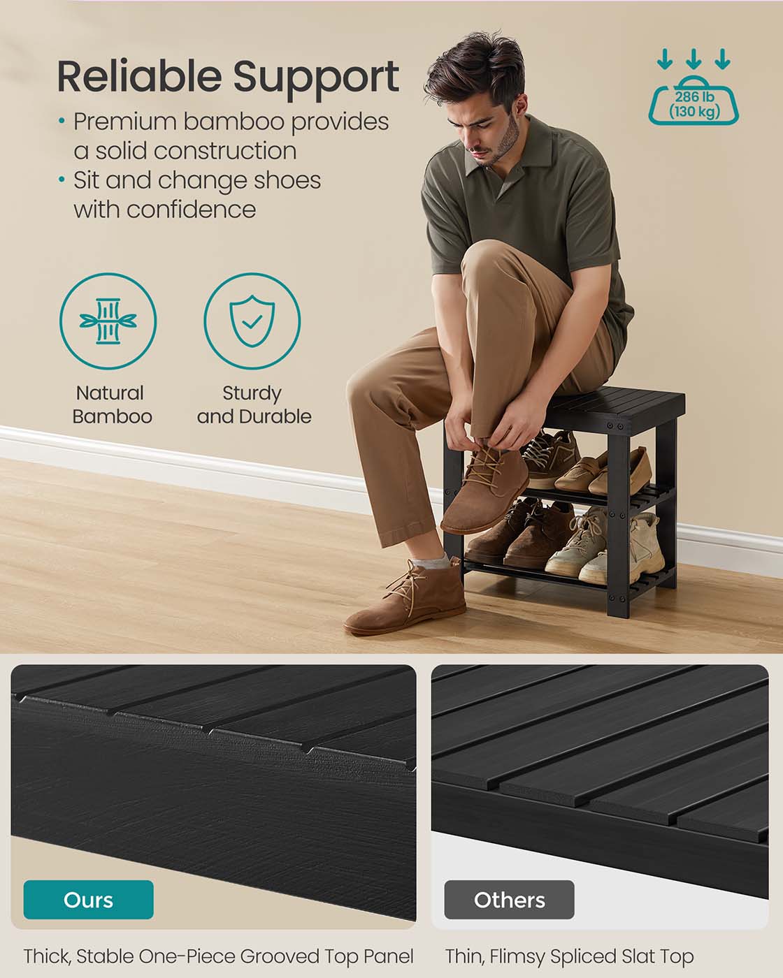 Shoe Rack Bench 3-Tier Bamboo Shoe Storage Organizer Ink Black - Ink Black