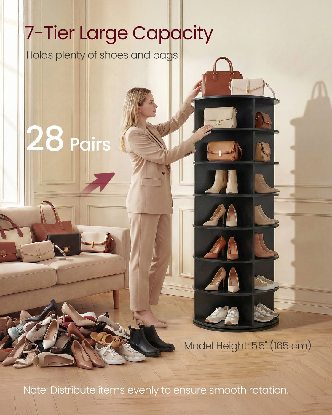 7-Tier Rotating Shoe Rack Tower - Free Standing 360 Degree Spinning Shoe Organizer