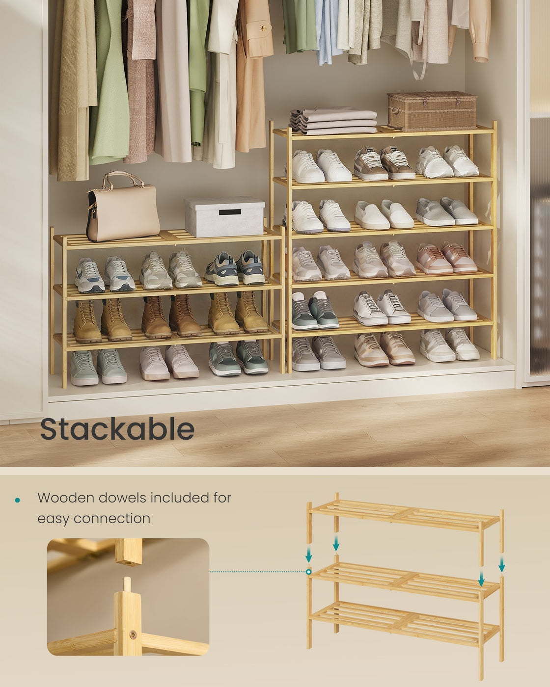 4-Tier Stackable Bamboo Shoe Rack for Closet & Entryway