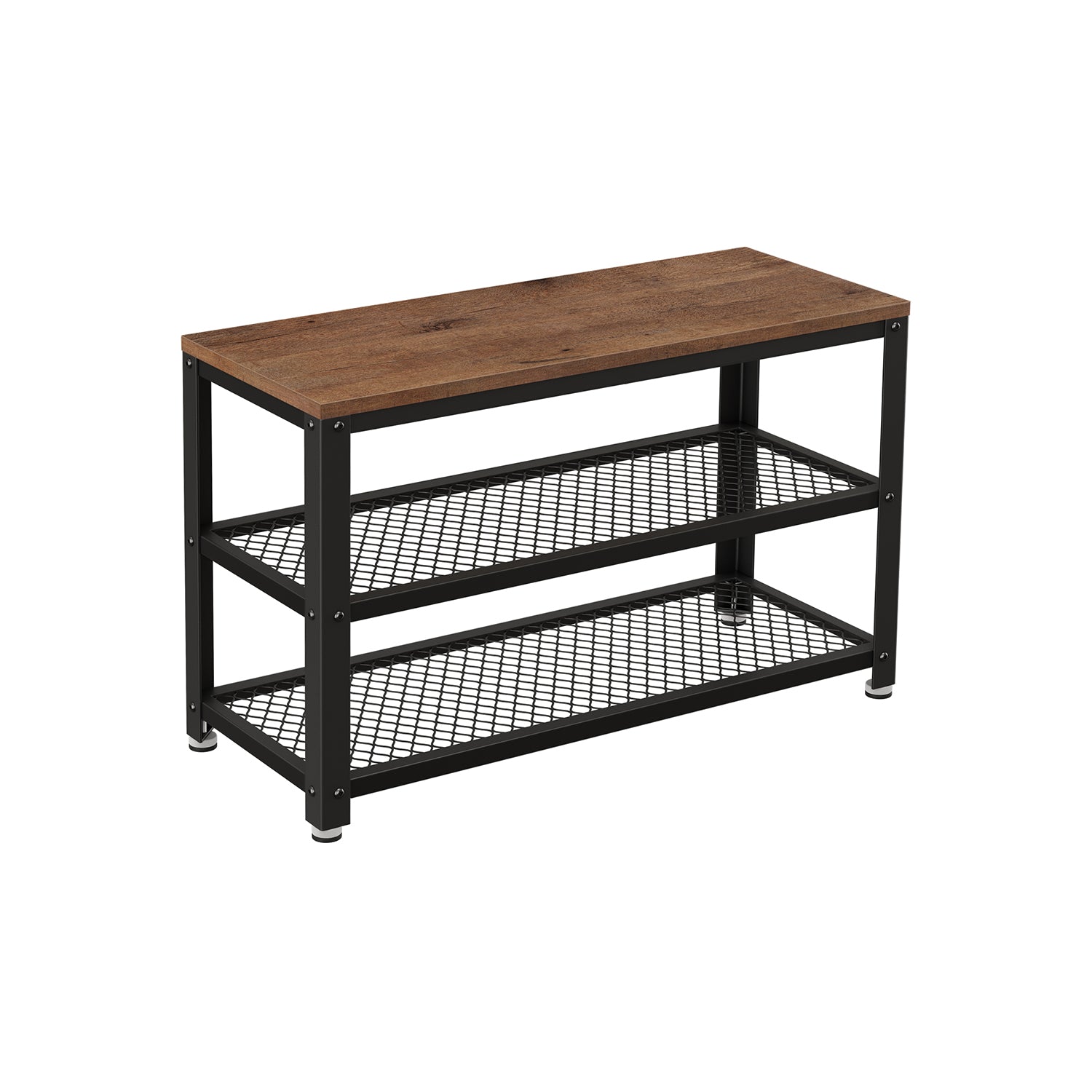 Shelf Storage Bench - Metal Mesh Shelves - 29 Inch Entryway Bench - Brown + Black
