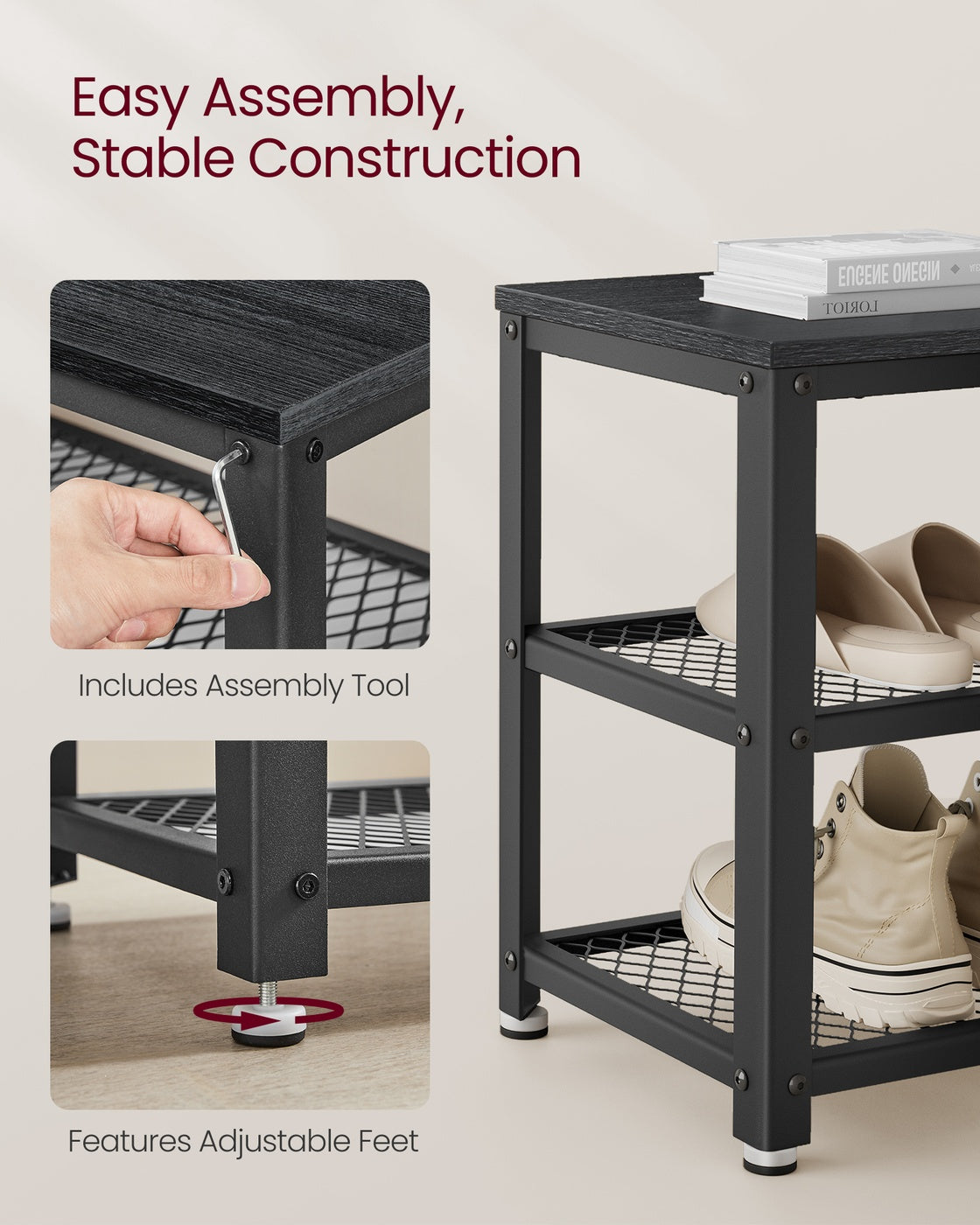 Shelf Storage Bench - Metal Mesh Shelves - 29 Inch Entryway Bench