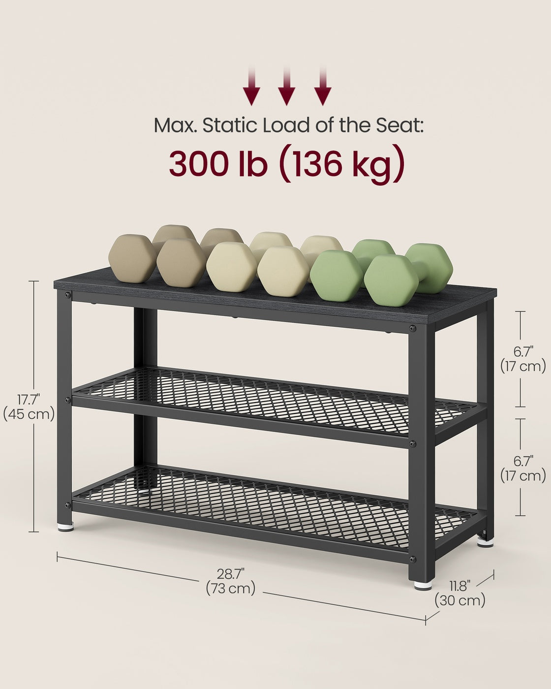 Shelf Storage Bench - Metal Mesh Shelves - 29 Inch Entryway Bench