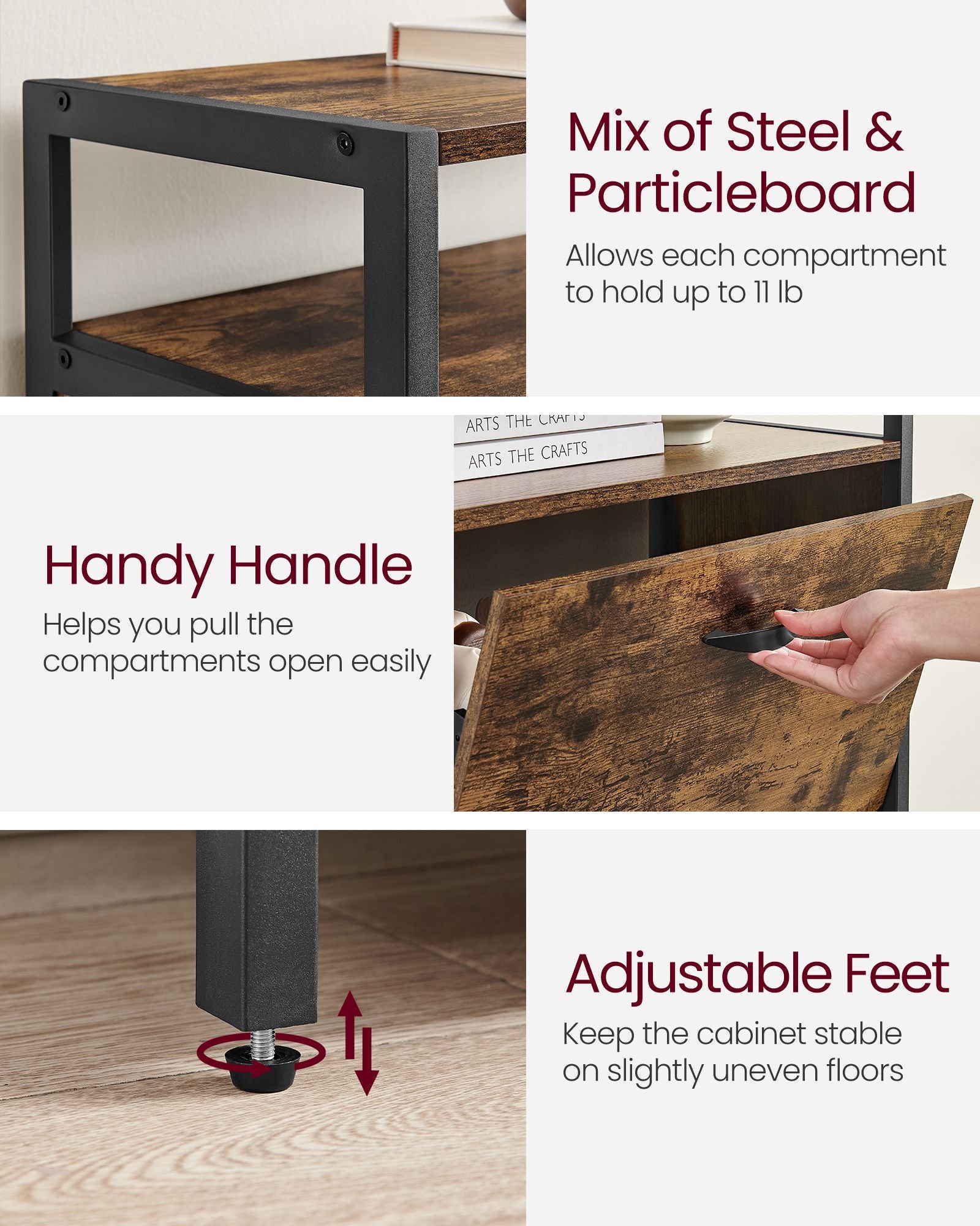 Shoe Cabinet with 3 Flip Drawers - Shoe Storage Cabinet - Asjustable and Removable Dividers - Holds 15-18 Pairs of Shoes - 11.8 x 23.6 x 51.2 Inches - Rustic Brown and Black