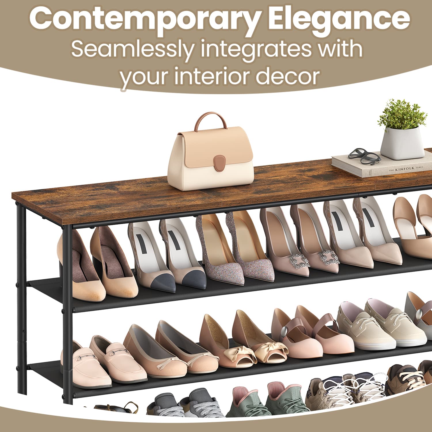 Shoe Storage Shelf with Fabric Tiers for Entryway or Closet - Rustic Brown, Black