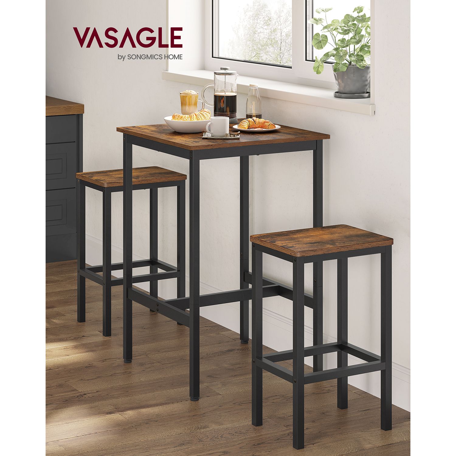 Bar Table and Chairs Set - Rustic Brown, Ink Black