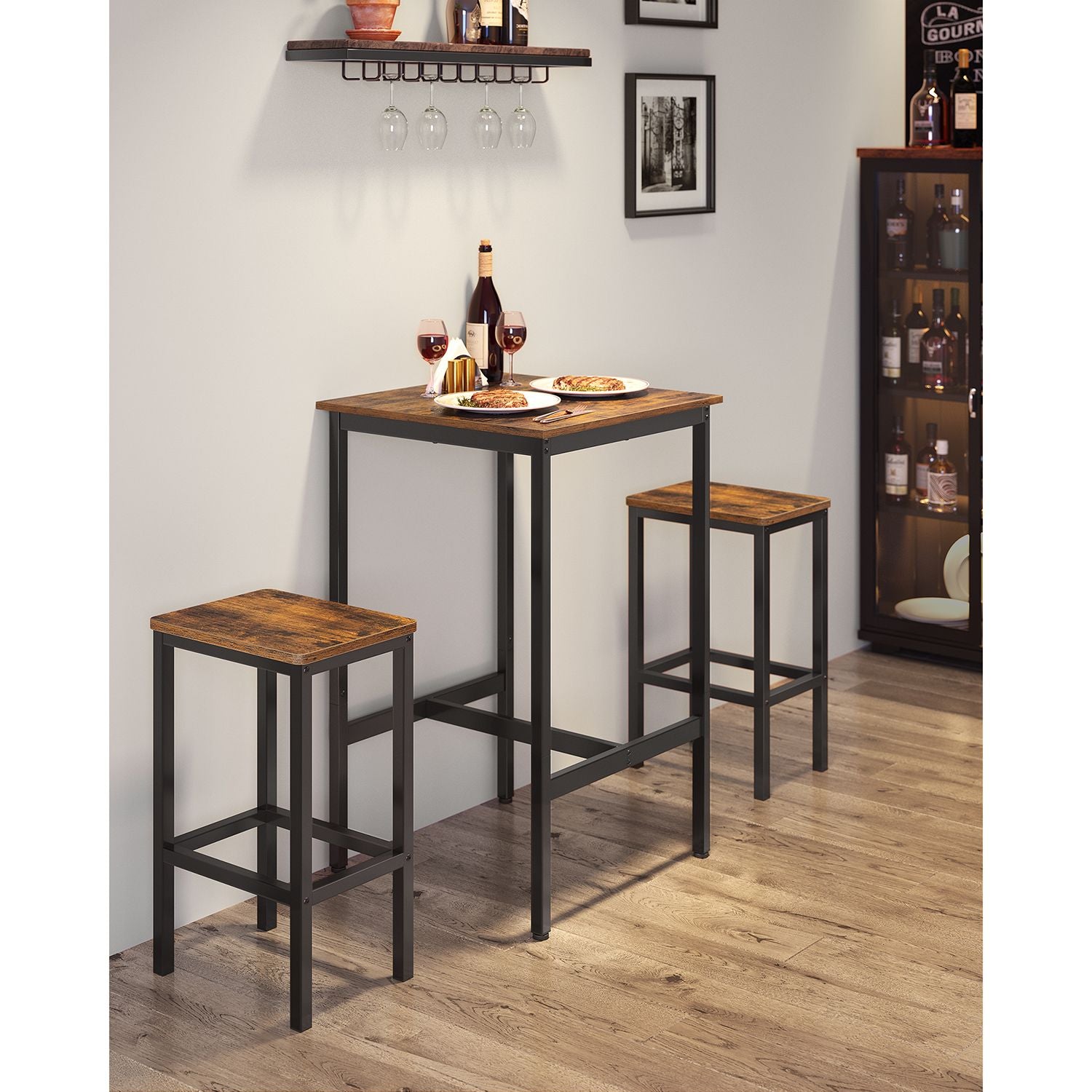 Bar Table and Chairs Set - Rustic Brown, Ink Black