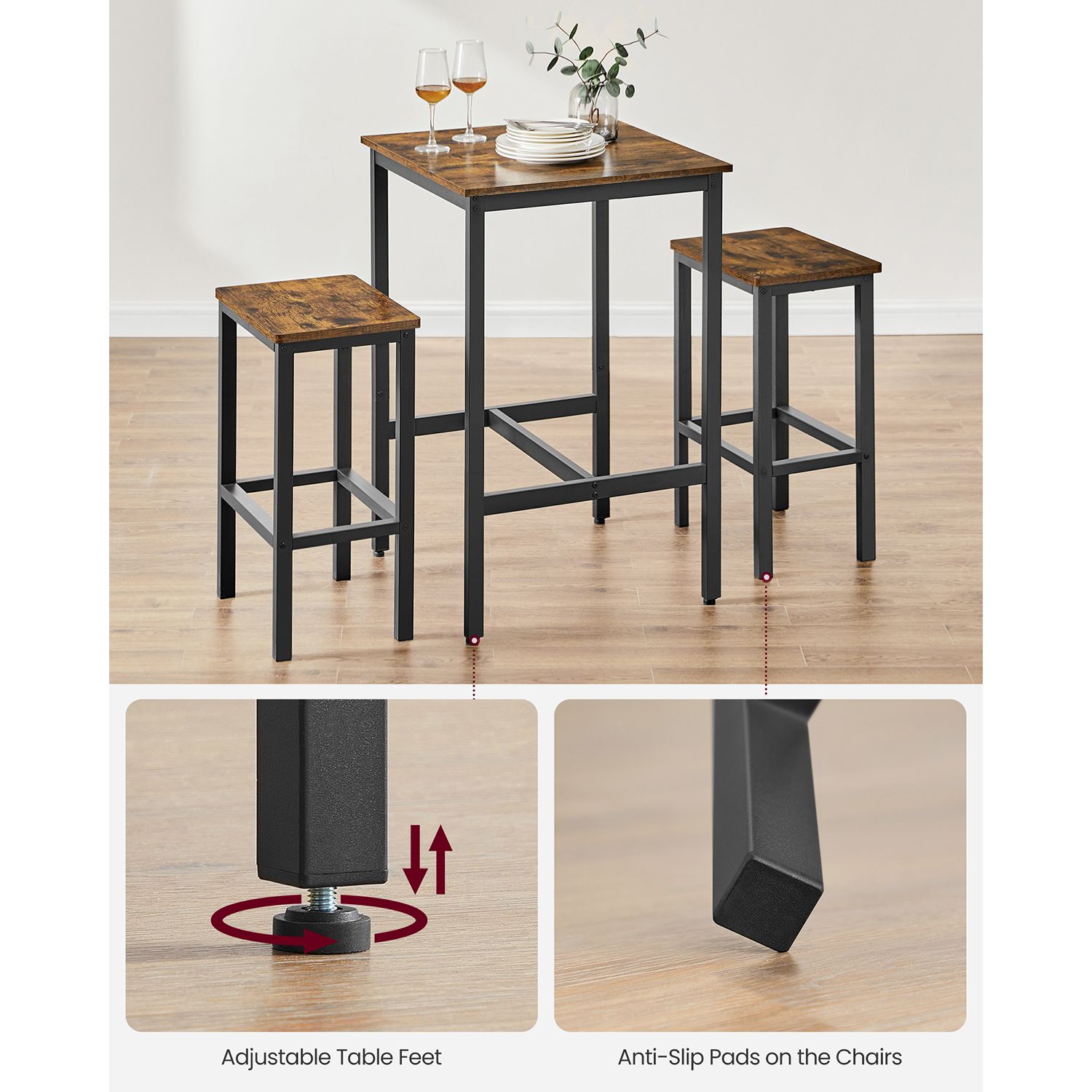 Bar Table and Chairs Set - Rustic Brown, Ink Black