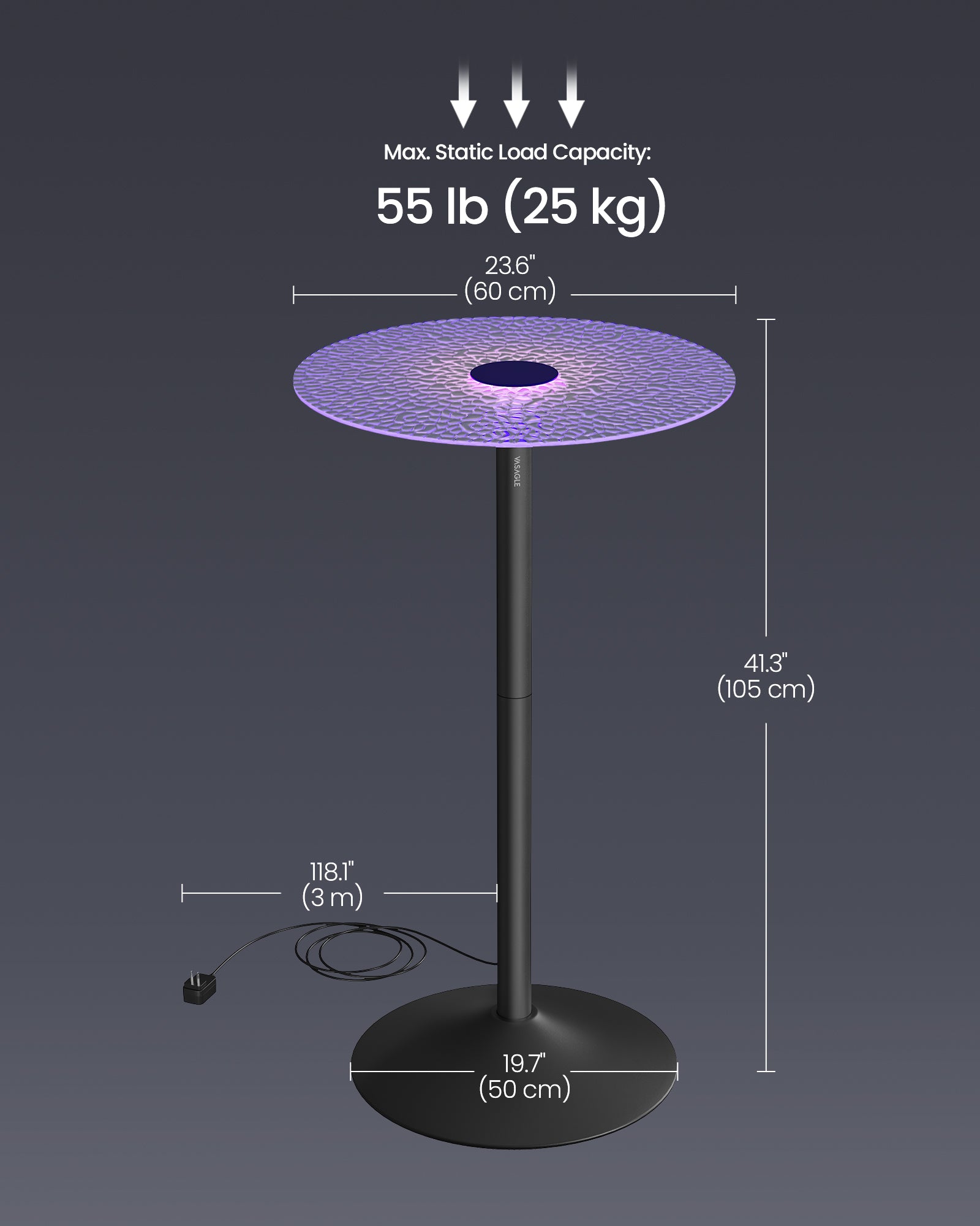 Bar Tables - Set of 2 Round Cocktail Tables with Multi-Colored Lights and Glass Tops - Large Steel Base