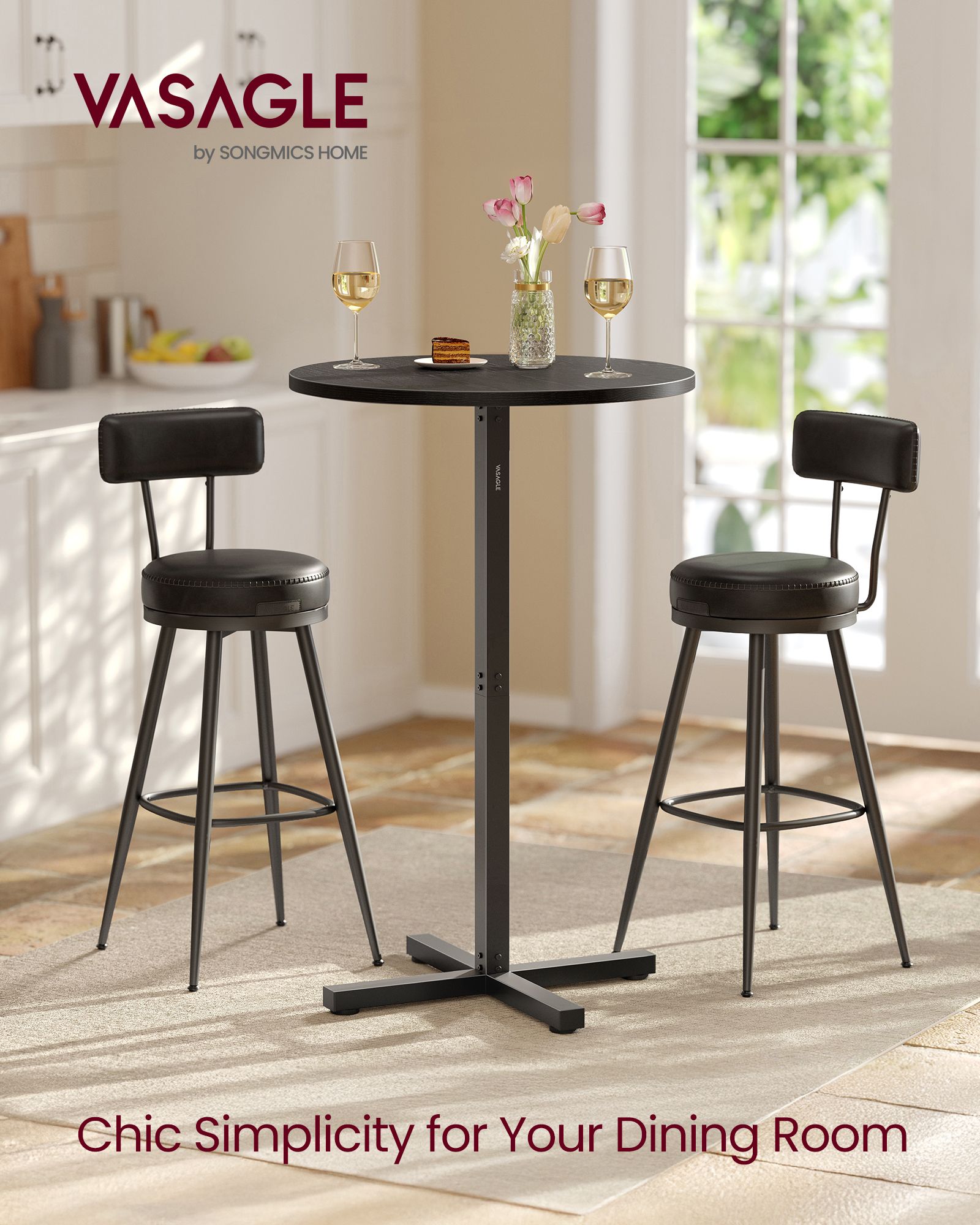 Round Cocktail Table - Set of 2 - High Top Bar Pub Table - Ebony Black - Ebony Black