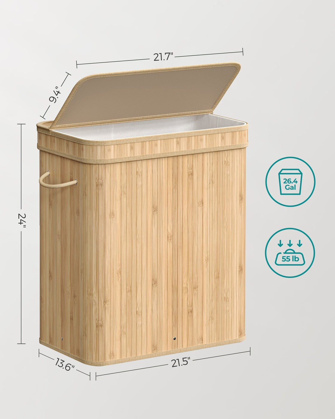 Bamboo Laundry Hamper with Lid - 26 Gallon Capacity - Removable Fabric Liner