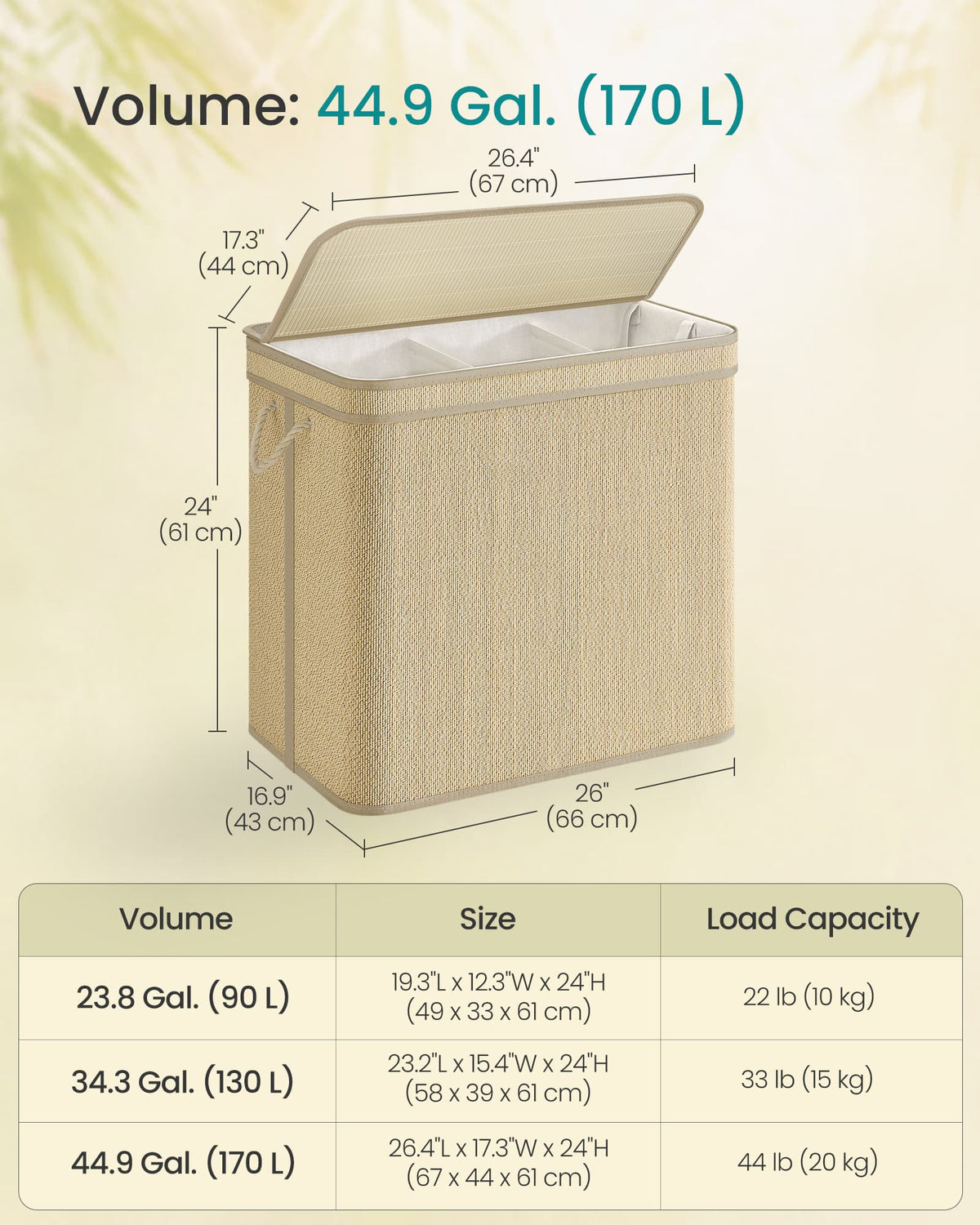 Laundry Hamper - 3-Section - 44.9 Gallon Capacity